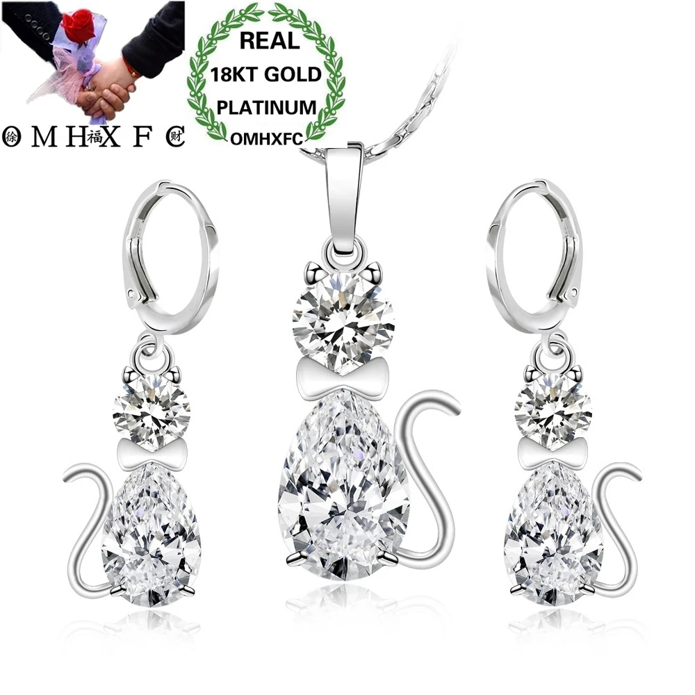 

OMHXFC Wholesale European Fashion Woman Girl Party Wedding Gift Cat AAA Zircon 18KT Gold Necklace+Stud Earrings Jewelry Set ET24