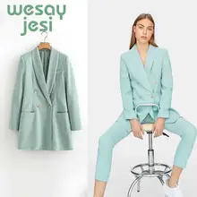 2019 Women chic blue blazer pockets double breasted long sleeve office wear coat solid female casual fashion outerwear tops