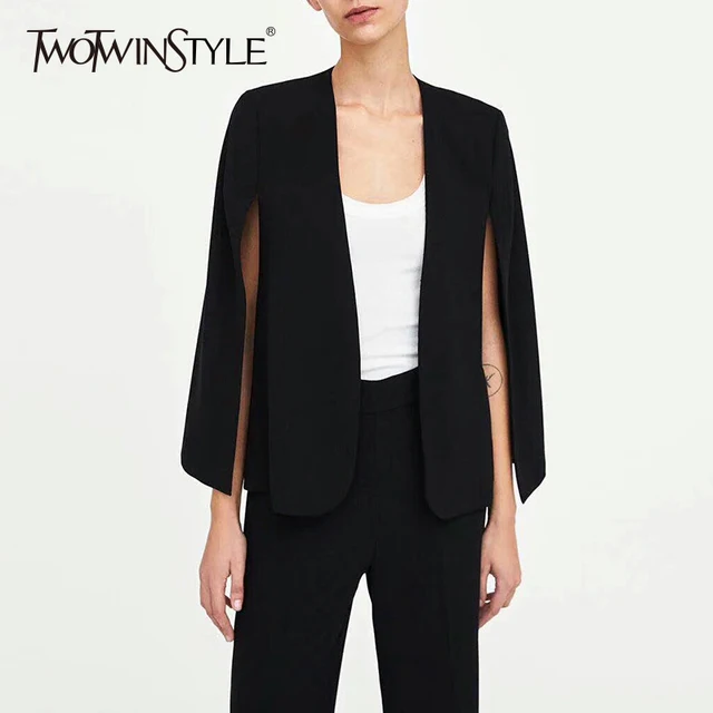 TWOTWINSTYLE Cloak Blazer For Women Striped Split Long Sleeve Basic Jacket Cardigan Female Autumn 2018 Fashion OL Clothing
