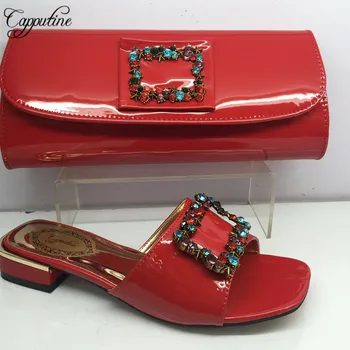 

Capputine Latest Red Color Decorated With Stone Shoes And Bag Set 2019 Fashion PU Leather Pumps Party Shoes And Bag Set BL255C