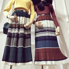 2016 Real Cotton Polyester Lanon England Style Striped Saia Leather Skirt 2017 New Spring Stripe High Waist Skirt A Word Female
