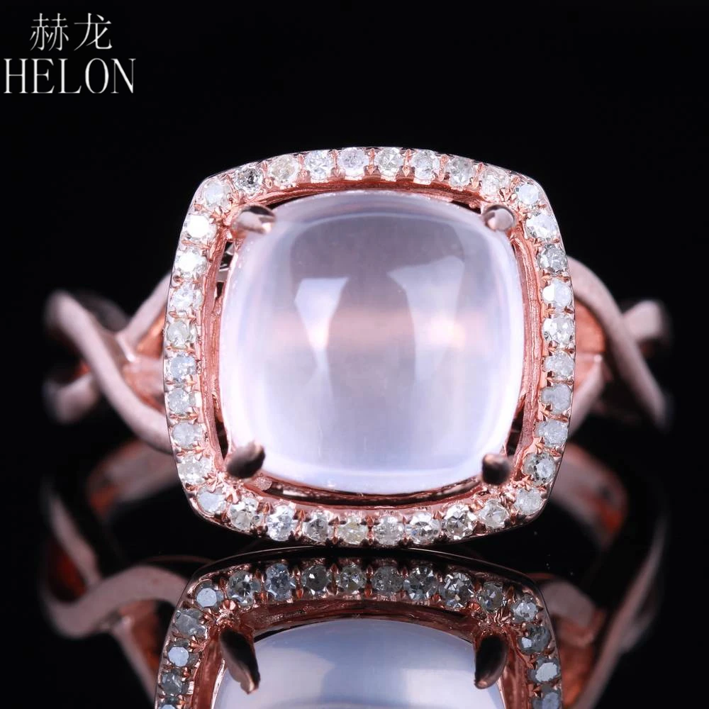 

HELON Solid 14K Rose Gold Flawless 10x10mm Cushion 100% Genuine Pink Quartz Natural Real Diamond Engagement Wedding Jewelry Ring