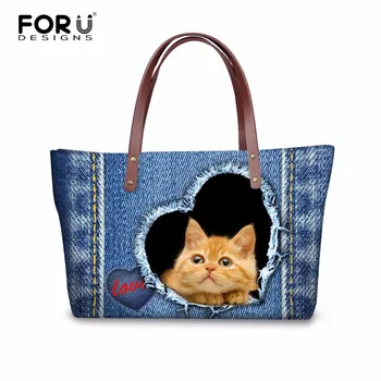 

FORUDESIGNS Lovely Denim Cat Pattern Women Neoprene Bag Girls Tote Handle Casual Bag Female Big Capacity Corssbody Bag Zipper
