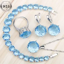 Круглые синие камни серебро 925 Костюм Свадебные Ювелирные наборы серьги ожерелье кулон кольцо браслеты для свадьбы женский набор коробка