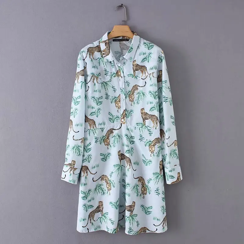 

women fashion elegant animal leaves printing casual slim dress ladies long sleeve shirtdress chic vestidos party dresses DS1386