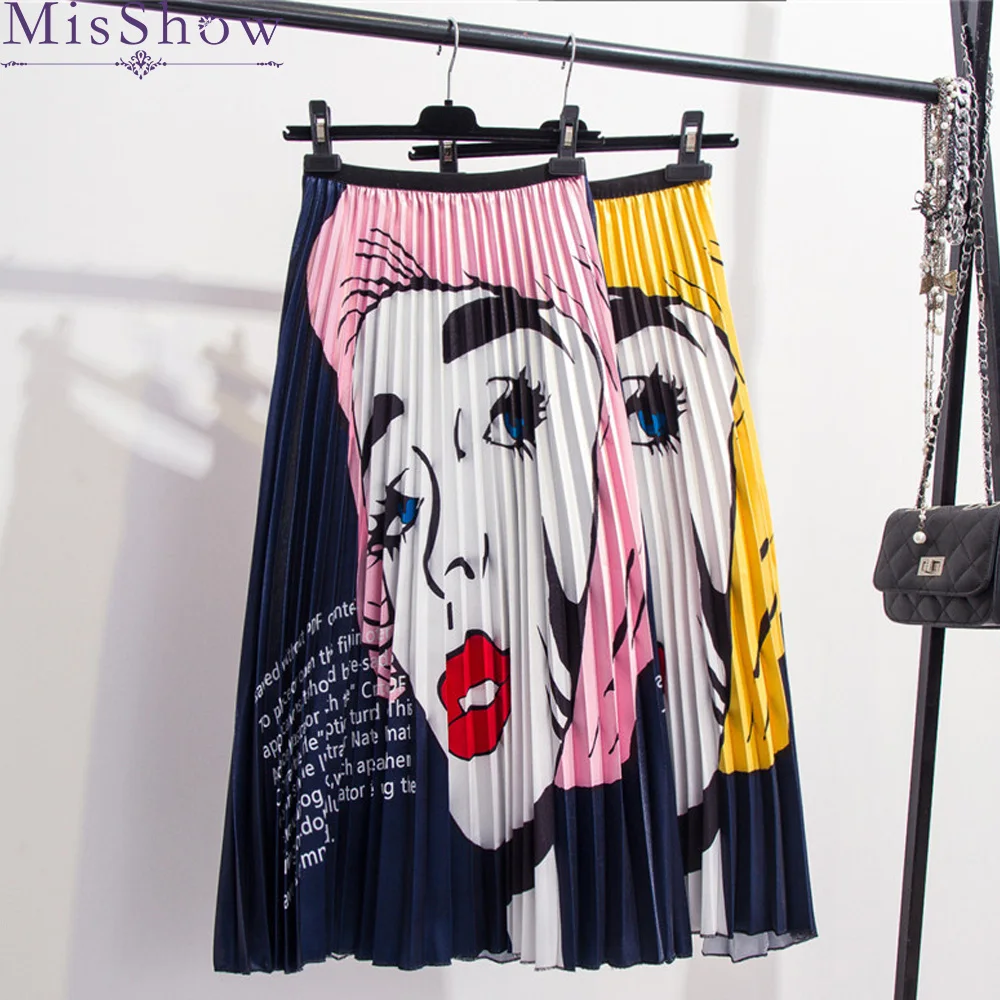 

2019 New Spring Female High Waist Character Pattern Elastic Floral Print Women's Pleated Skirt Pleated Midi Skirt Female Jumper