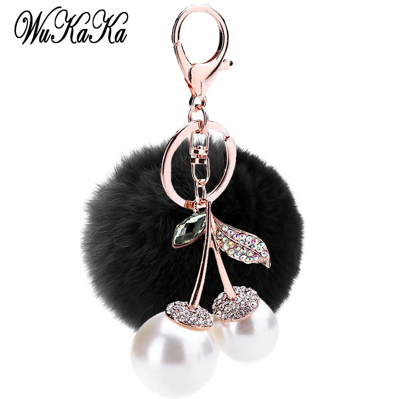 

2018 Fashion Pearl Fruit Crystal cherry Pompom Keychain Car Key Chain Ring Fluffy Puff Ball Keychains for Women handBag Jewelry