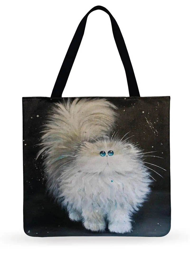 Fresh Cartoon Cat Printed Tote Bag For Women Linen Faric Bag Ladies Shoulder Bag Outdoor Casual Tote Foldable Shopping Bag travel wallet Totes