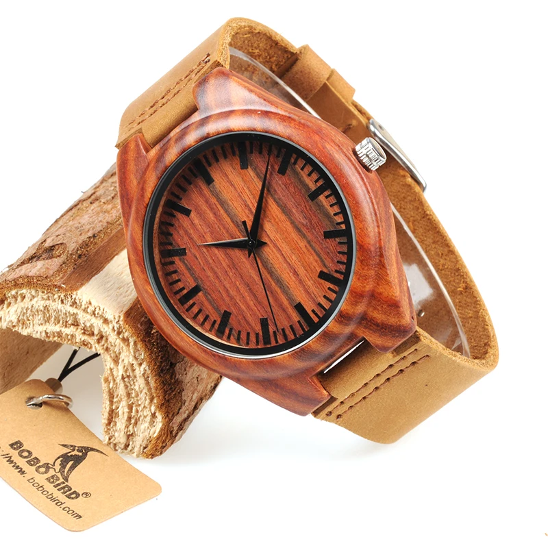 BOBO BIRD Men Watch Top Brand Design Red Wooden Mens Quartz Watches Genuine Leather Band Men's Gift Drop Shipping Accept Logo