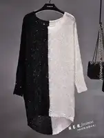 Cakucool Frauen Pailletten Frühling Kleid Langarm Bling Gold Lurex Vestidos Herbst Batwing Farbe Patch Lose Beiläufige Grundlegende Kleider