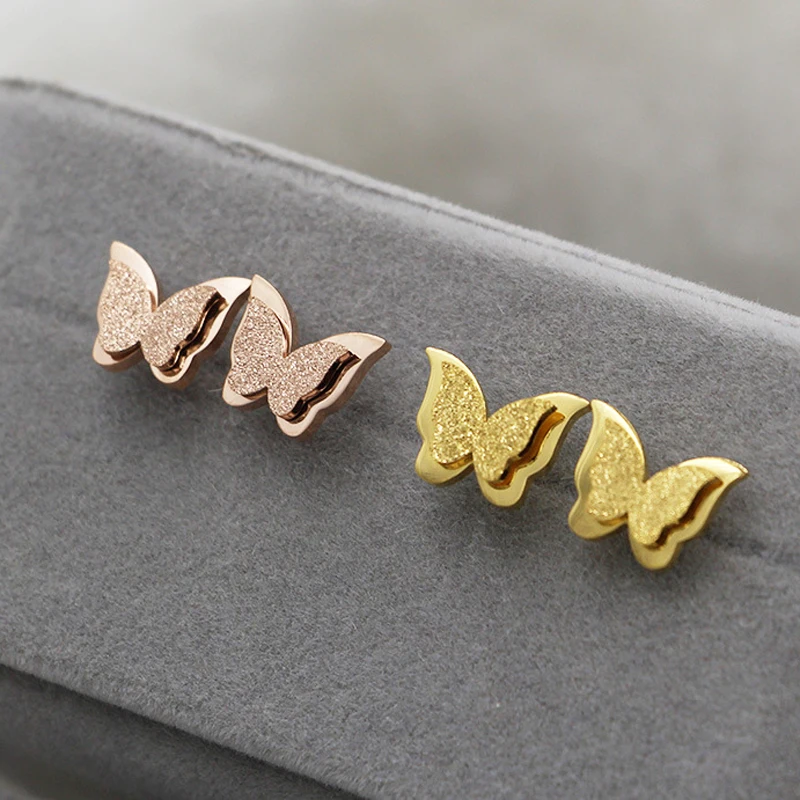 

New Butterfly Earrings Rose Gold Color 316L Stainless Steel Stud Earrings for Women Child Frosted Butterfly Cartilage Ear Studs