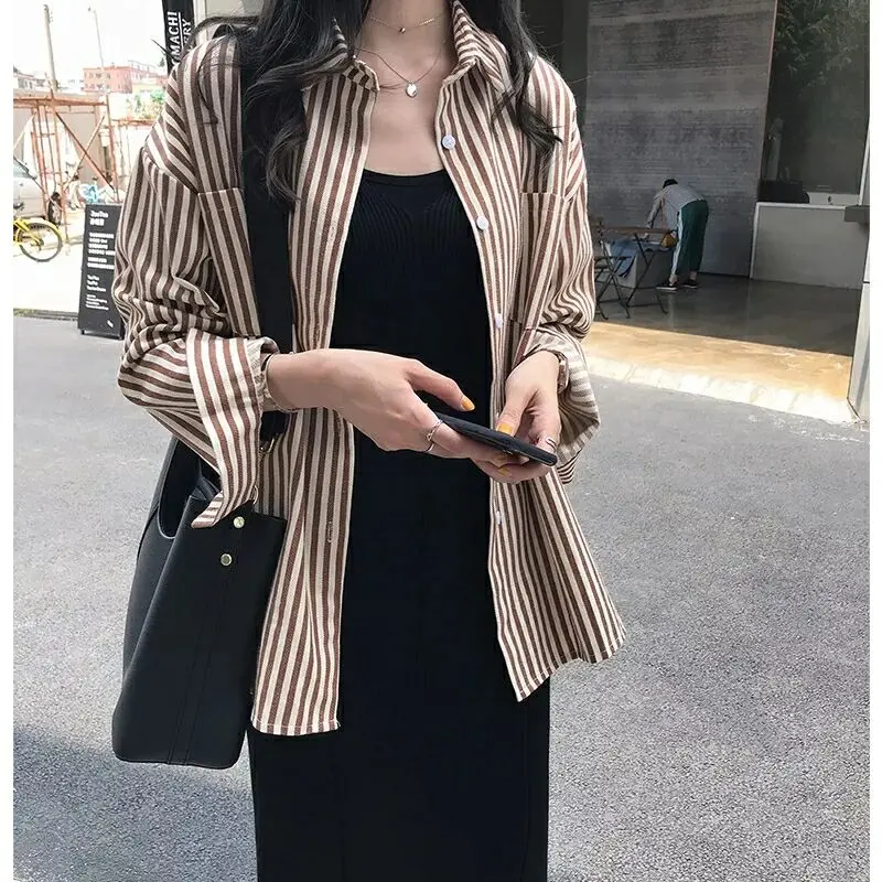 2019 Autumn New Women's Shirt Retro Fashion Loose Classic Striped Boyfriend Style Long Sleeve Female Shirts Casual Blouse 80s90s