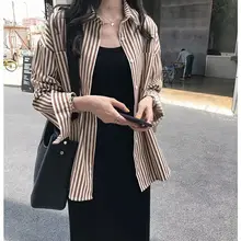 2019 Autumn New Women's Shirt Retro Fashion Loose Classic Striped Boyfriend Style Long Sleeve Female Shirts Casual Blouse 80s90s