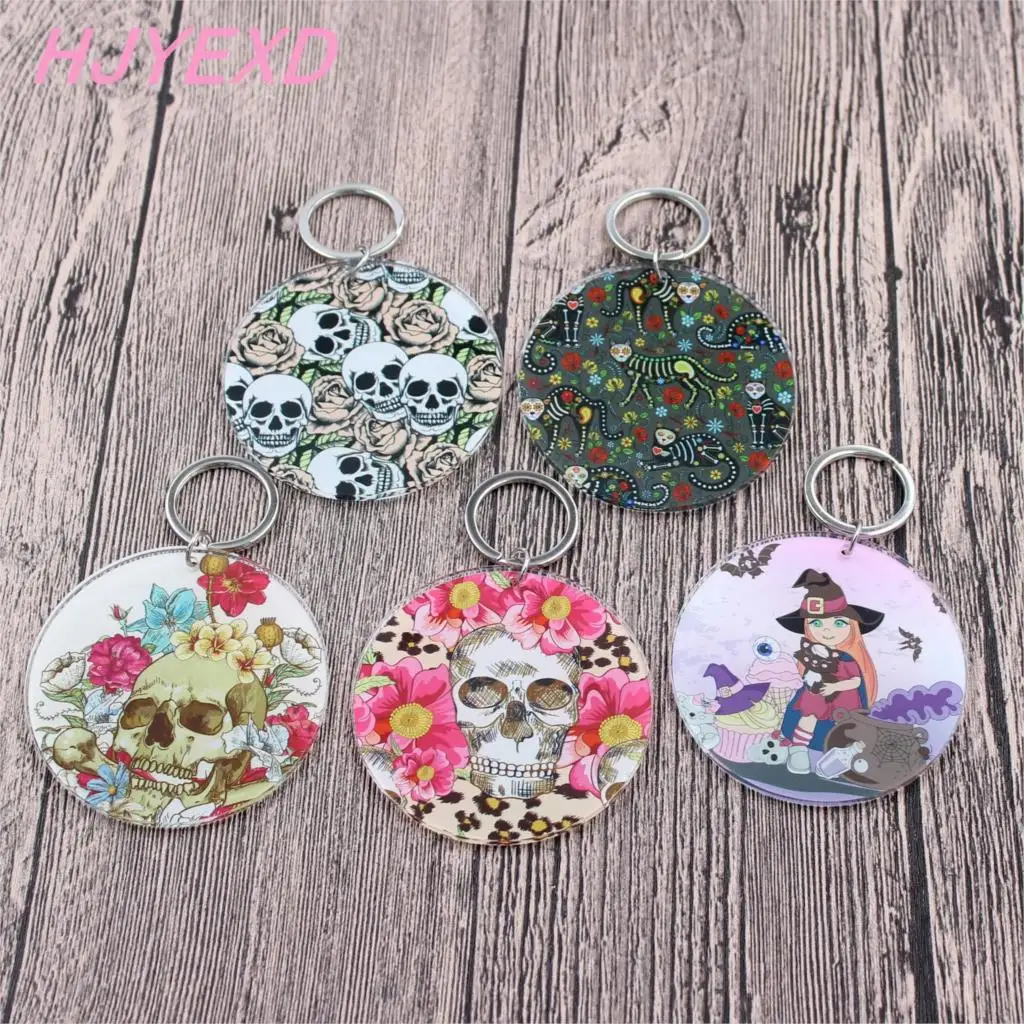 

(5pcs/lot) 63.5mm Clear Acrylic Keychains 2.5" Circle Keyrings UV Print Hallween Keychain Skull Monogram Keychain Gift-KC005