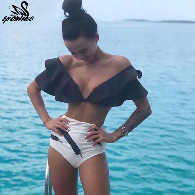 Cheap Sexy Bikinis 2019 New Double Shoulder Ruffle Bikini Set High Waist Swimwear Women Swimsuit V-Neck Bathing Suit Beach Wear Swim Cheap Sexy Bikinis 2019 New Double Shoulder Ruffle Bikini Set High Waist Swimwear Women Swimsuit V-Neck Bathing Suit Beach Wear Swim