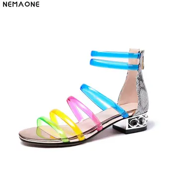 

NEMAONE New arrival 2019 Fashion leather gladiator sandals women transparent pvc colors square low heels summer ladies shoes