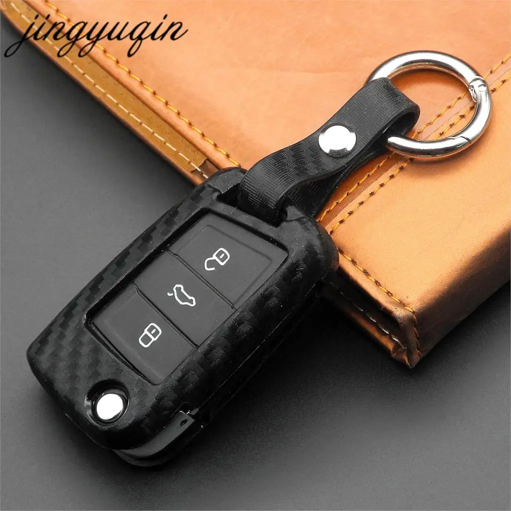 jingyuqin Carbon Fiber Silicone Key Case Cover For VW Polo Golf 7 Tiguan for Skoda Octavia Kodiaq Karoq SEAT Ateca Leon Ibiza