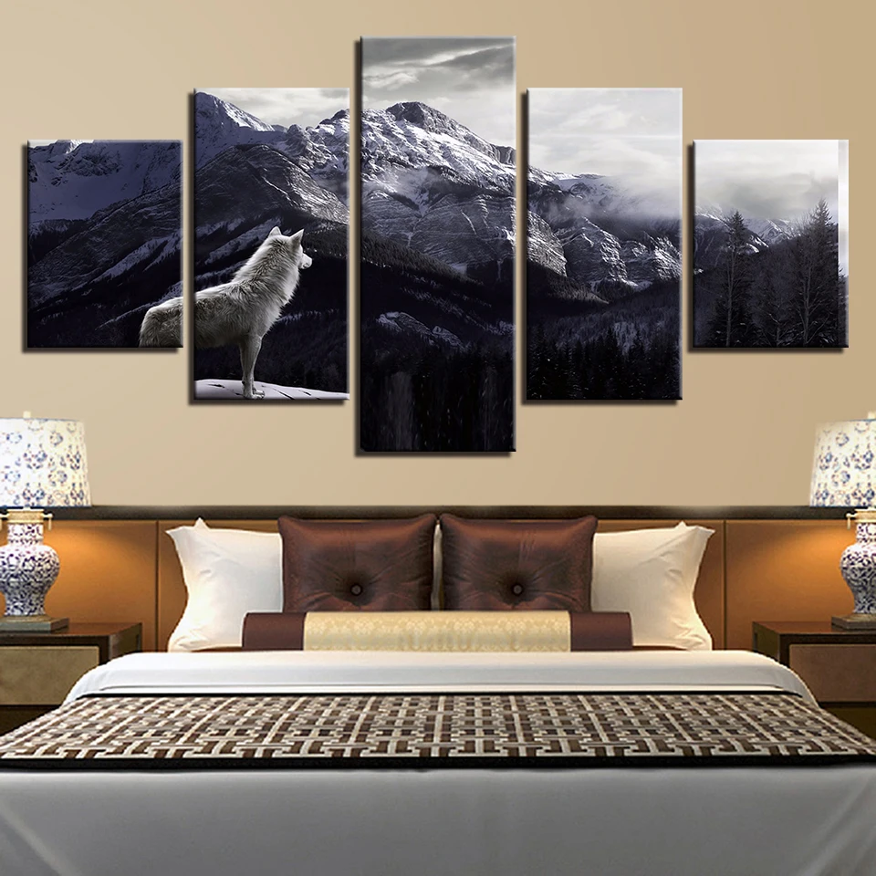 

Mountain Animal Wolf Scenery Five Pieces Canvas Oil Printings Painting Home Wall Decor Framed Modern Space Art For Living Room
