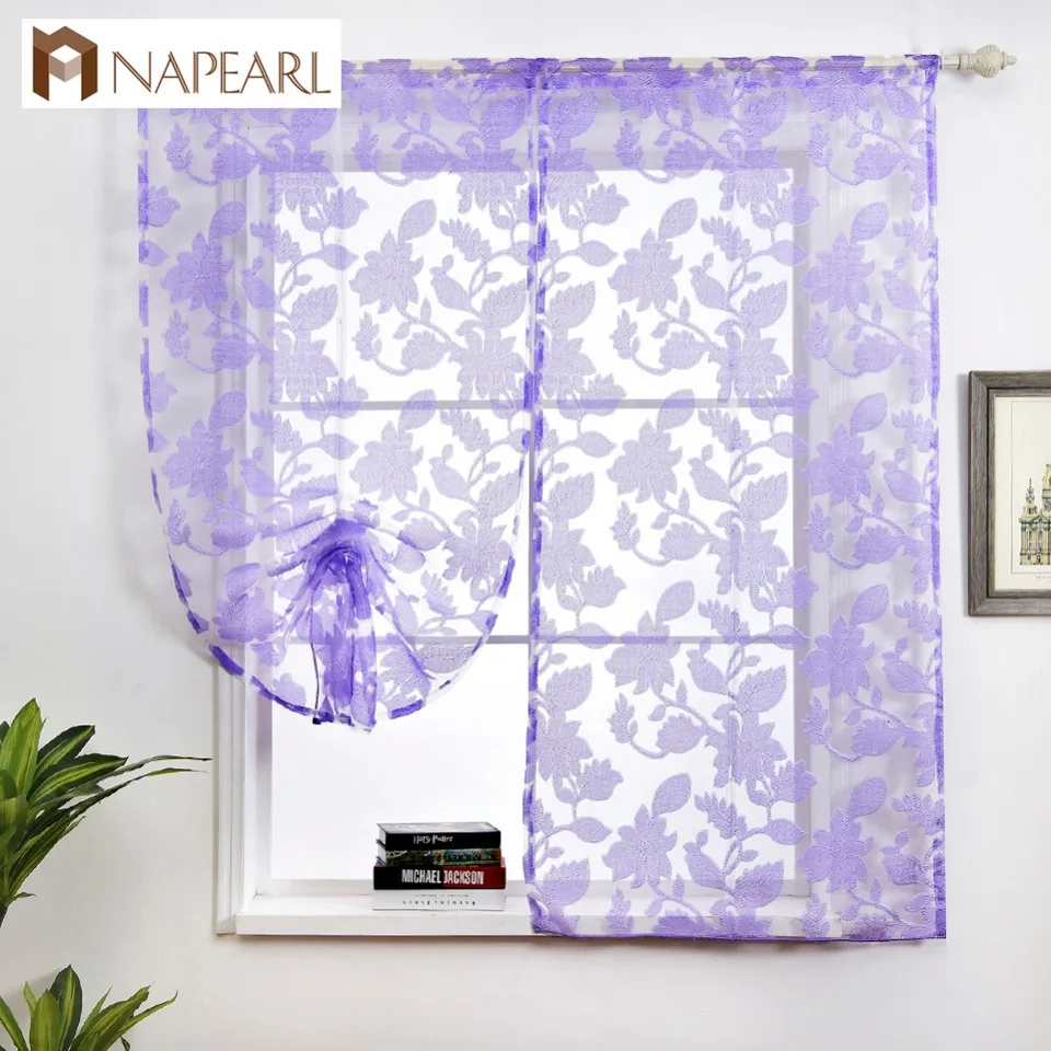 Napearl Short Kitchen Curtain Jacquard Tie Up Valance Panel Modern Floral Design White Purple Brown Cream Door Roman Curtains Aliexpress