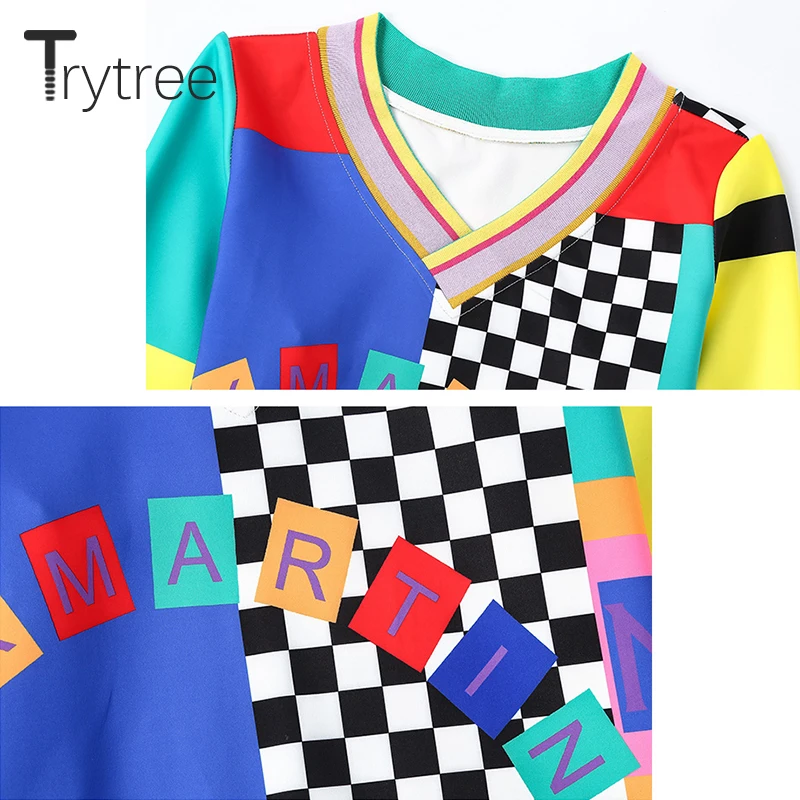  Trytree Spring Summer Women Sweatshirts Streetwear Print Polyester V-neck Pullovers Full Sleeve Cas