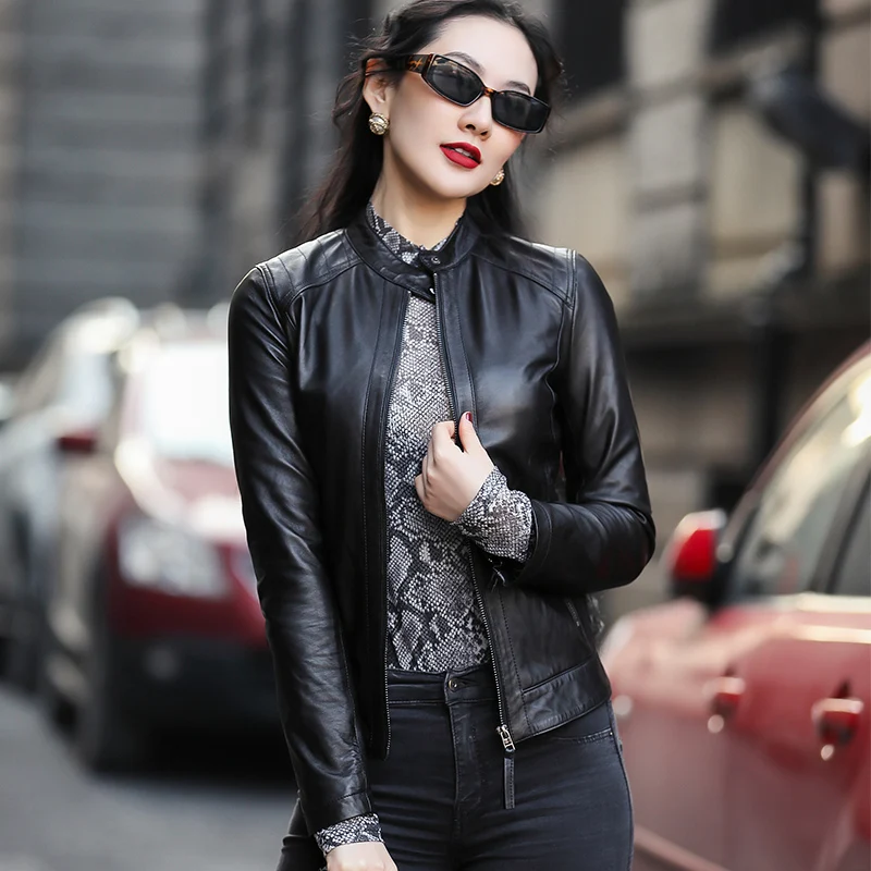 

2019 Leather Jacket Women Sheepskin Genuine Leather Jacket Short Slim Motorcycle Real Leather Jacket Chaqueta Mujer OT1979 YY629
