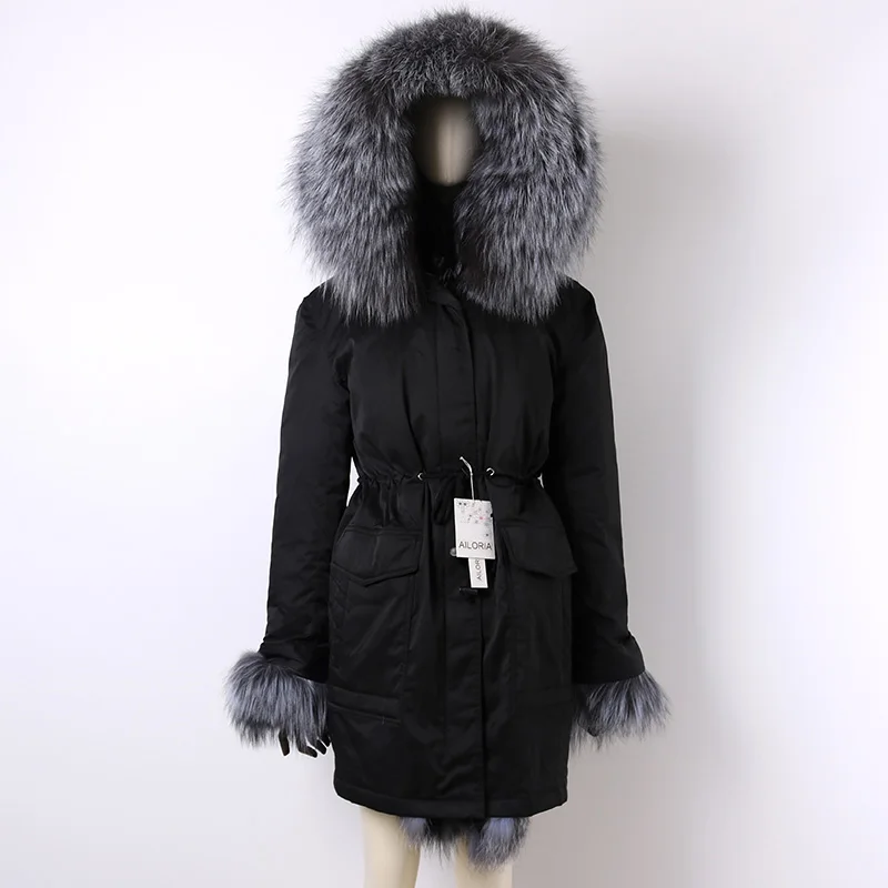 Ailoria бренд Высокое качество зимние женские пальто из натурального меха лисы с капюшоном оригинальная натуральная лиса меховые куртки Женская парка - Цвет: Черный
