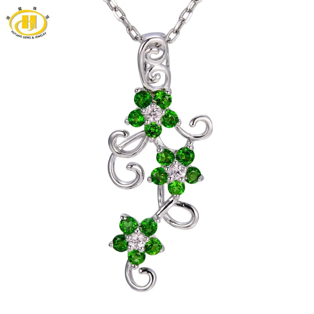 

Hutang Natural Chrome Diopside & White Sapphire Solid 925 Sterling Silver Flower Pendant Necklace For Women Fine Jewelry 18