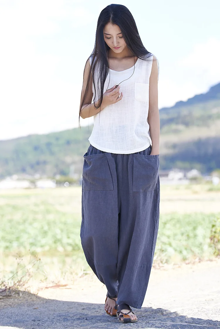 LZJN Baggy Pantalon Women Loose Ankle length Pants Linen Wide Leg Ladies Casual Sand Wash Summer Cool Baggy Trousers with Pocket (40)