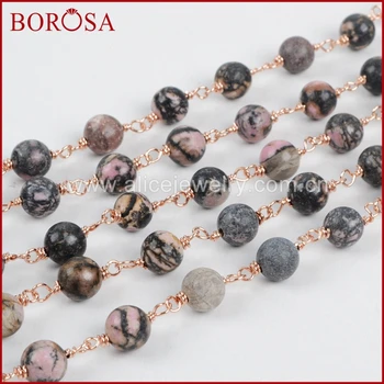 

BOROSA New Arrival Gold Color 8mm Round Rhodonite Jaspers Beads Wire Wrapped Rosary Chain for Fashion Jewelry JT127