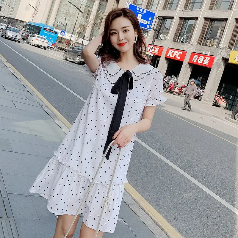 

Doll collar pregnant women bow breastfeeding chiffon dress in the long ruffled breastfeeding A word skirt pregnancy skirt