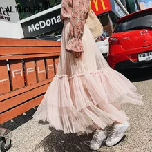 Faldas Mujer Moda корейская юбка Женская милая супер большая Свинг гофрированный с сеткой сшивание длинная Тюлевая юбка женская