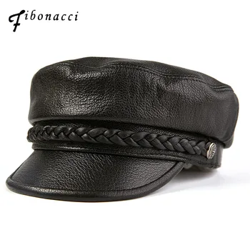 

Fibonacci 2019 New Sheepskin Leather Military Cap Top Quality Autumn Winter Flat Top Women Army Hat