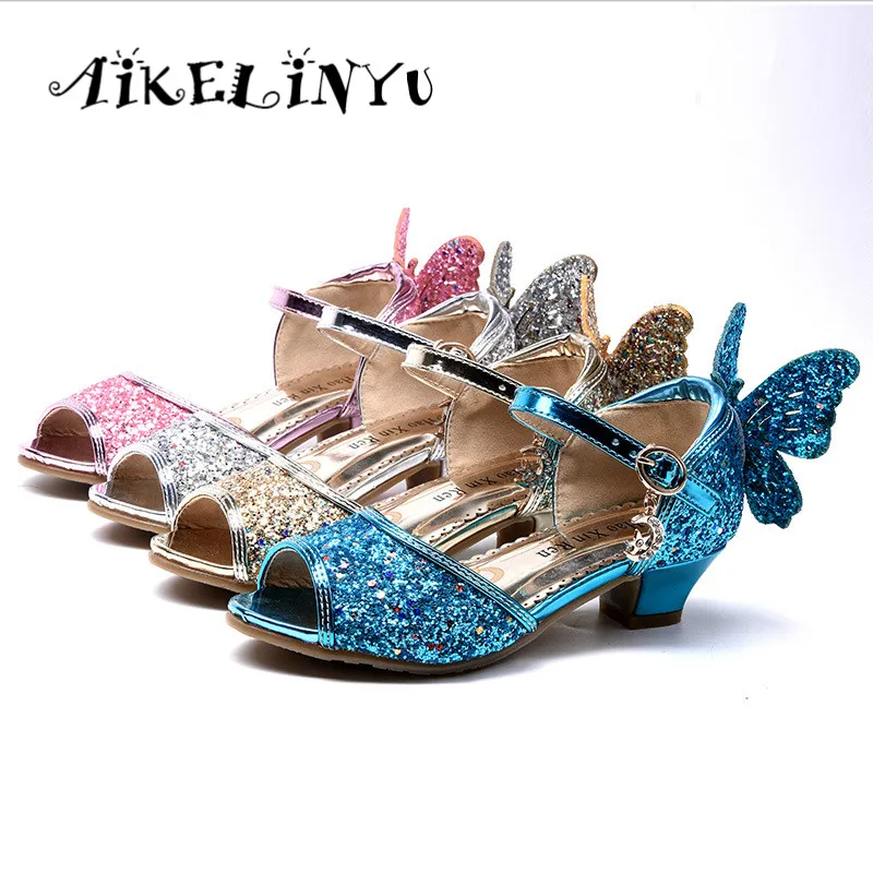 

2019 Girls High-heeled Shoes Blue Children Sandals Lovely Girls Princess Shoes Butterfly Flash Kids Shoes Party Dancing Sandals