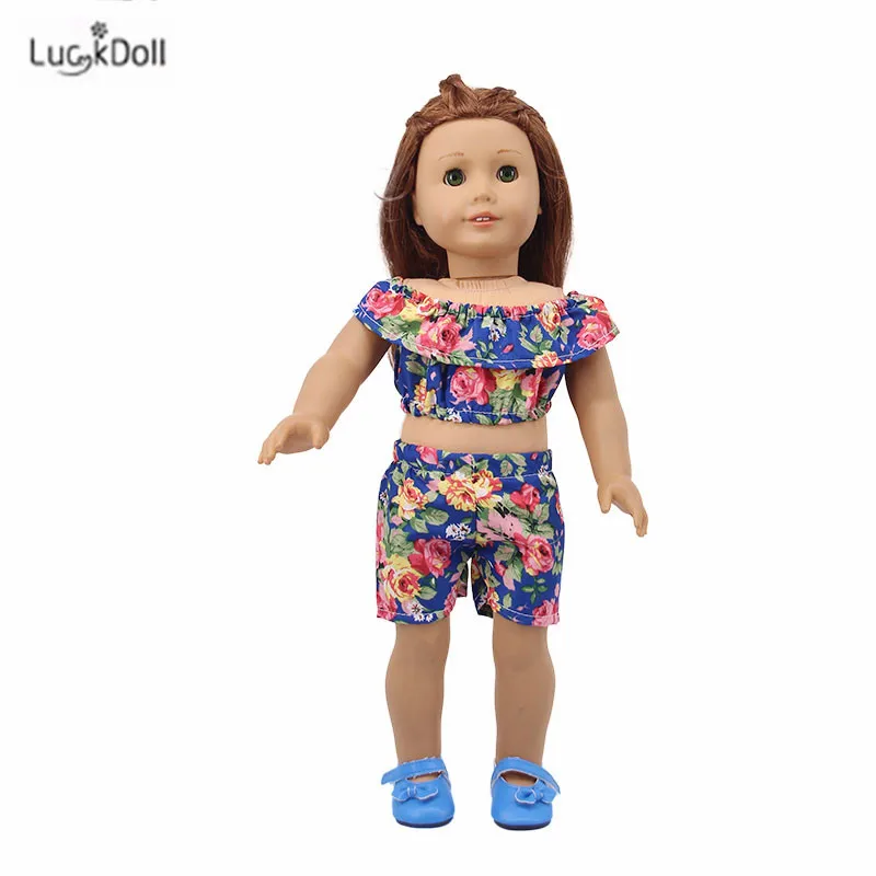 LUCKDOLL цветок короткий рукав шорты комплект подходит 18 дюймов Американский 43 см BabyDoll одежда аксессуары, игрушки для девочек, поколение, день рождения Gif