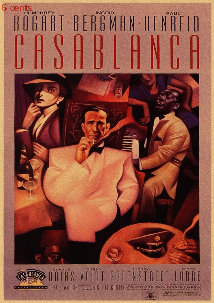 Casablanca Movie Poster, декоративная наклейка, плакат из крафт-бумаги, наклейка на стену, винтажная Наклейка на стену, настенный стикер по фильму