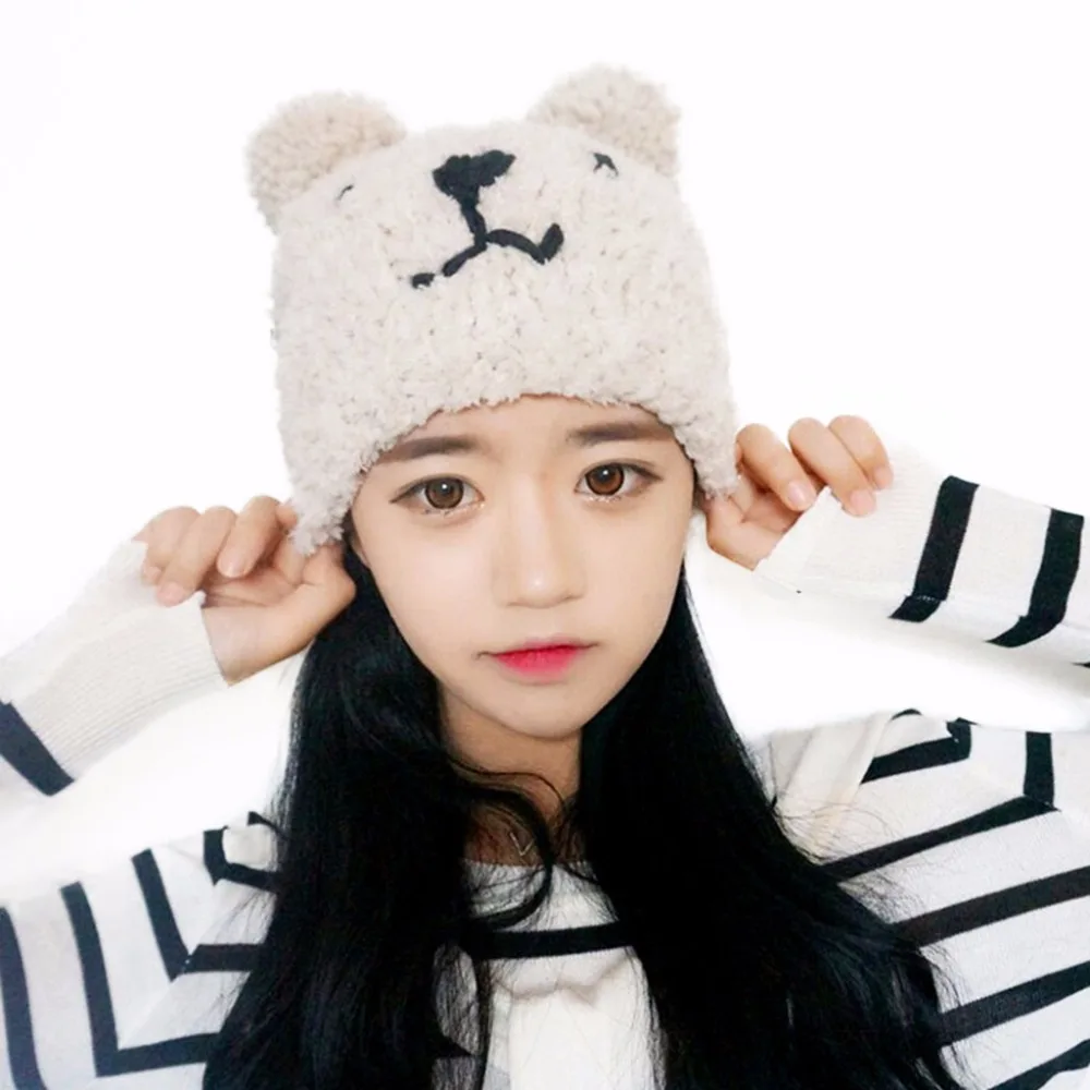 Супер теплая Женская мода Медведь шерсть вязаная шапка с ушками зимние шапки для девочек Женский Skullies& Beanies