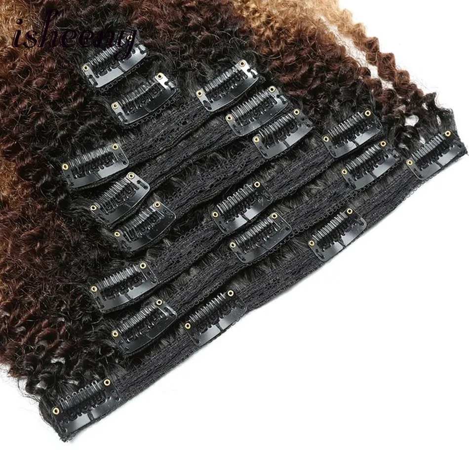 Isheeny 120g Clip Full Head 1B/4/27 Afro Kinky Curly Clip In Hair Extensions 8pcs/set Brazilian Human Extension Clip Hair