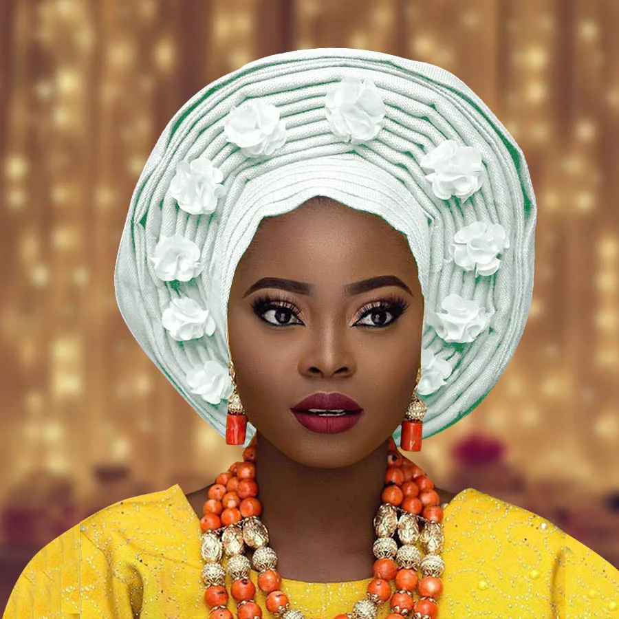 Африканский aso oke Авто геле для женщин с цветком нигерийский aso ebi головной убор для свадьбы - Цвет: white