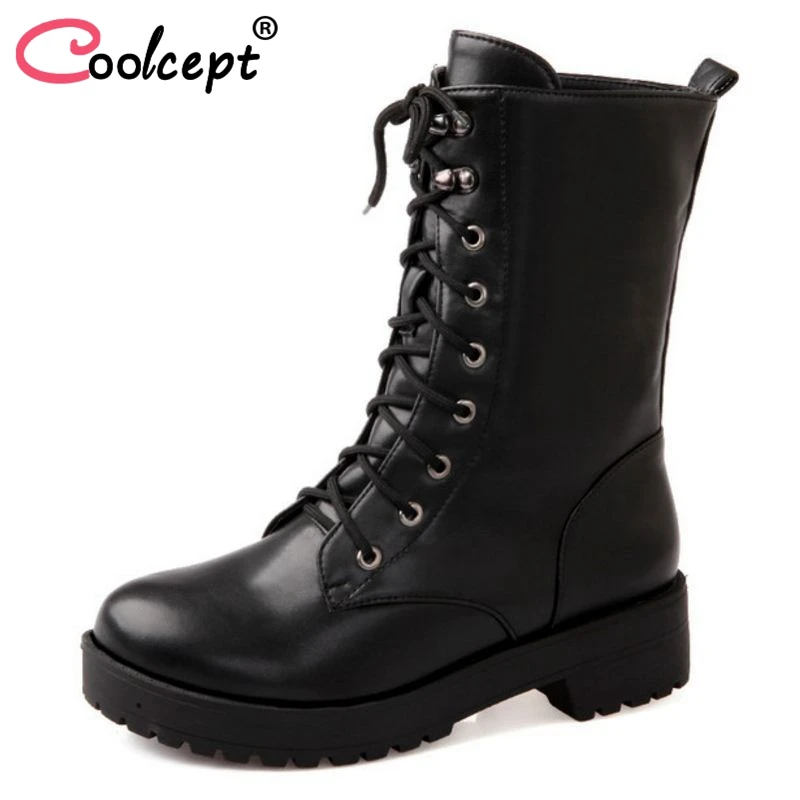 

Coolcept Size 35-43 Female Boots Lace Up Platform Winter Mid Calf Botas Fashion Vinatge Shoes Woman Short Boots