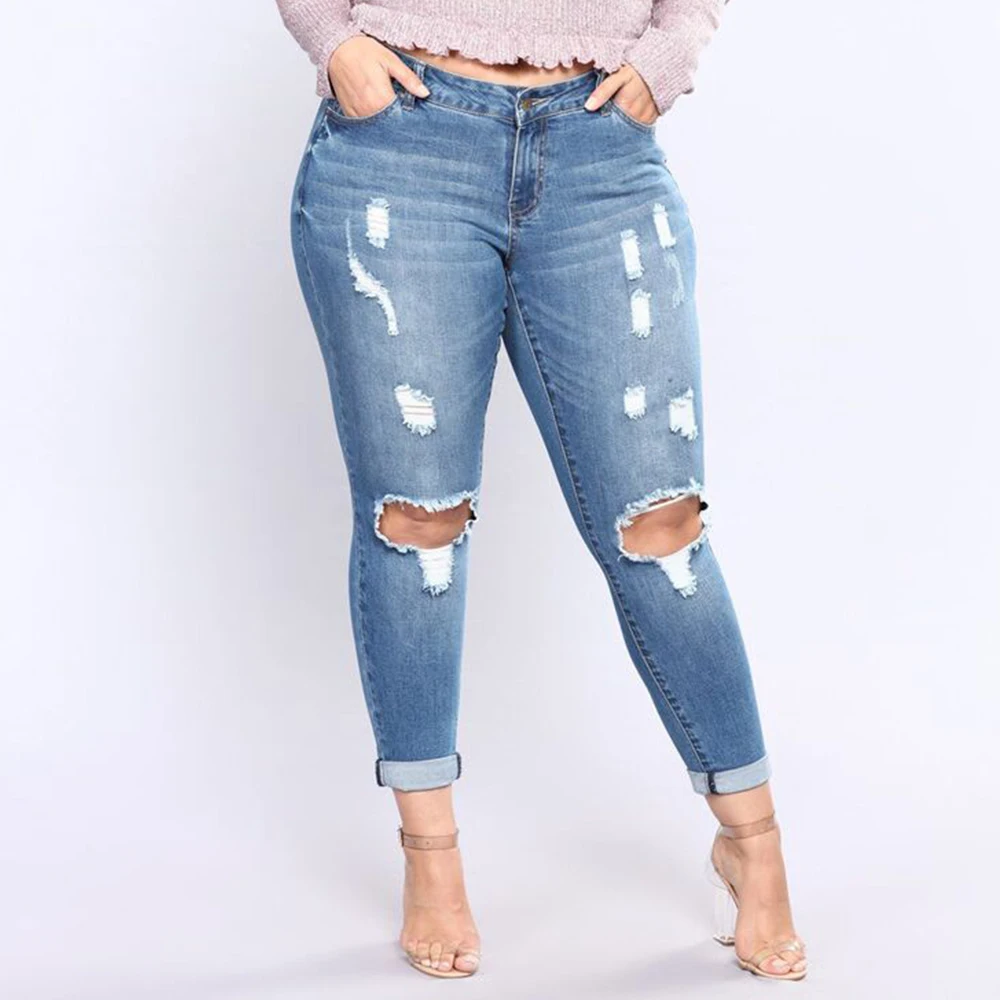 

Large Size Bodycon Jeans Woman Elegant Chic Pants Denim Trousers 2018 Hollow Out Street Wear Big Size Fashion Ripped Bottoms