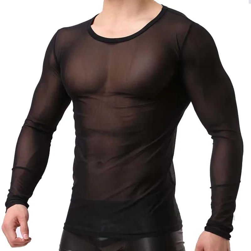 

Men's Fashion Tops Sexy Gauze Long-Sleeve Tees Transparent Mesh Sleeved T-shirt Casual Ultra-thin Top Breathable Undershirt