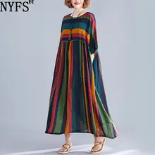 NYFS новое летнее платье, винтажное Полосатое удобное женское платье, Свободное длинное платье, vestidos robe Elbise