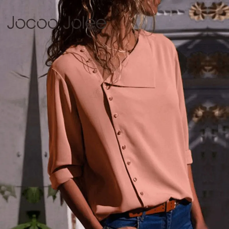 Блузка Jocoo Jolee женская шифоновая с длинным рукавом модный топ косым воротником