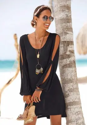 Модное женское Повседневное платье с О-образным вырезом, открытое прямое платье с рукавами, однотонное пляжное стильное мини платье для женщин - Цвет: Черный