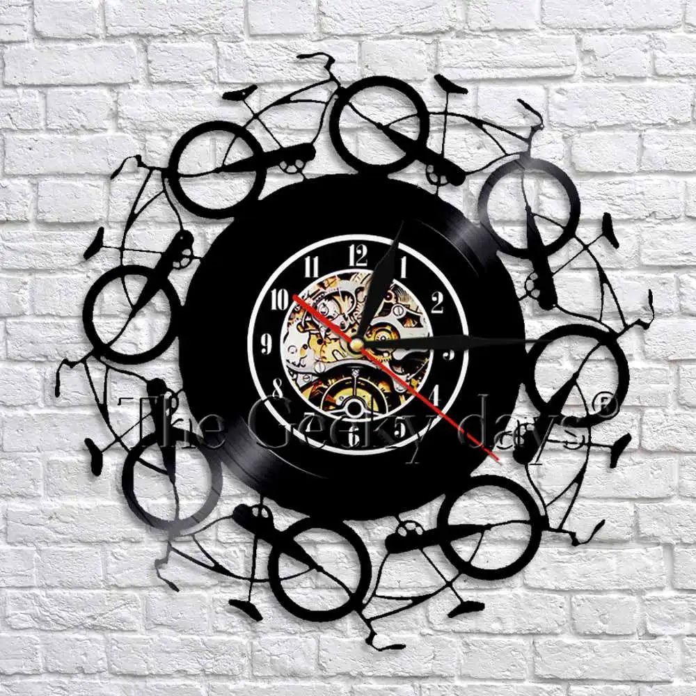 Настенные часы Time To Bike, ретро виниловые часы, черные подвесные настенные часы, велосипедные тени, художественные декоративные 3D настенные часы, Декор