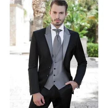 

Black silver lapel jacket latest mix design creative style suit (jacket + pants + vest) three-piece slim suit business man best