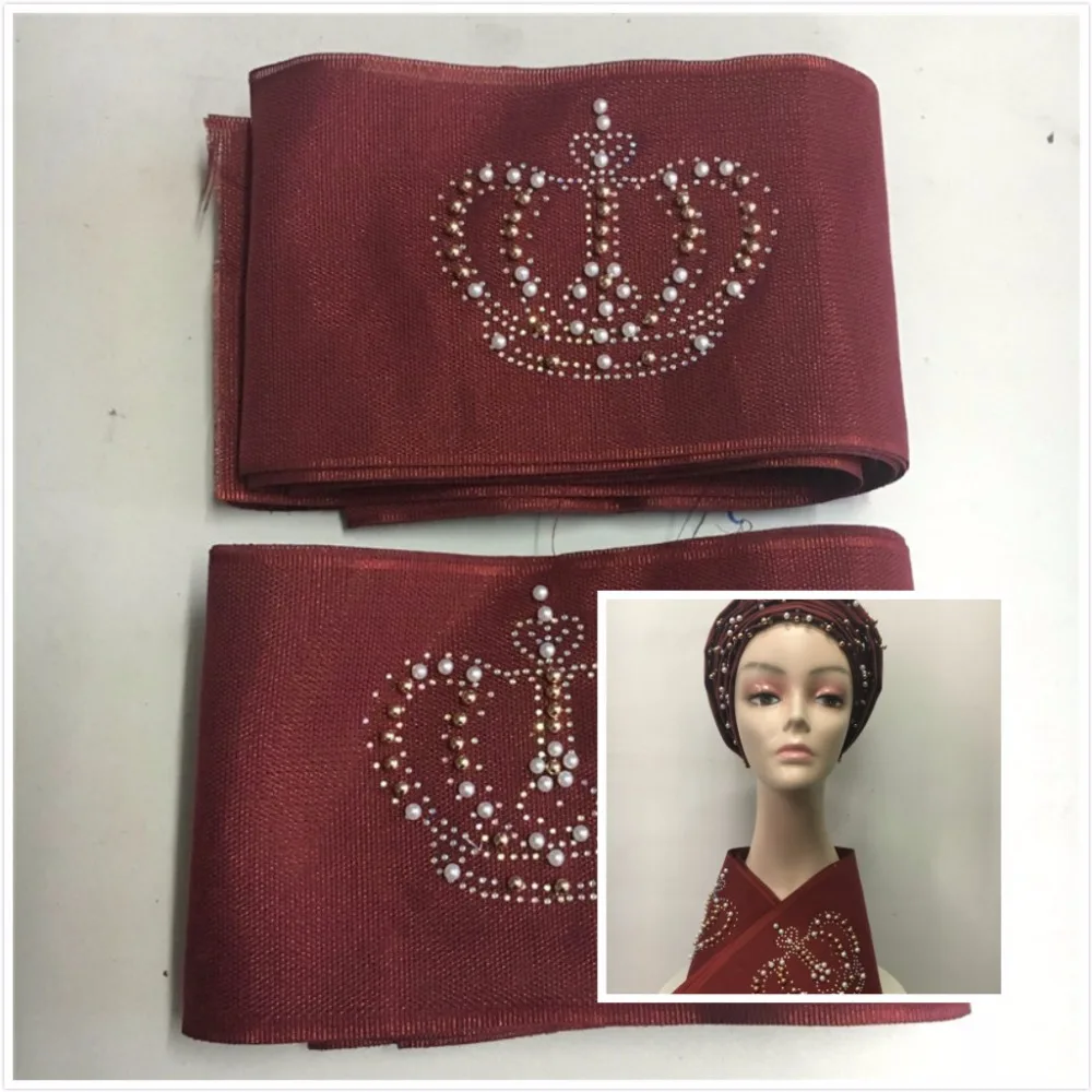 

2018 African Rhinestones Aso Oke Gele Imperial Crown Nigeria Headtie Stones Asooke And Beads Real Product Free shipping 40