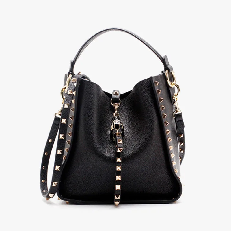 

Luxury Handbags Women Bags Designer 2018 New 100% Genuine Leather Bucket Bag Ladies Handbag Rivet Female Shoulder Bag Small