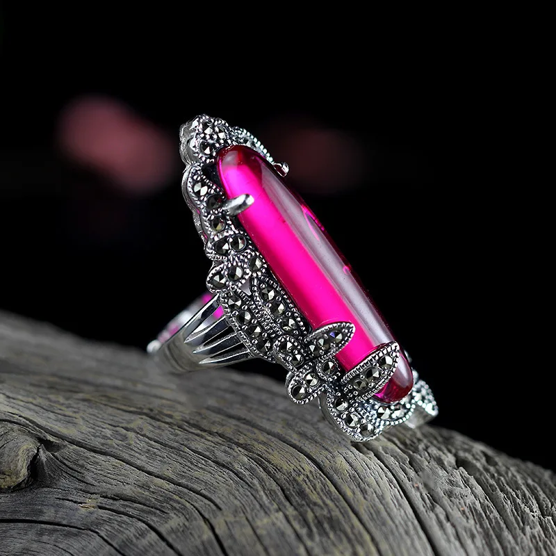 

925 Sterling Silver Jewelry Inlaid Vintage Ruby Droplets Marcasite Ring