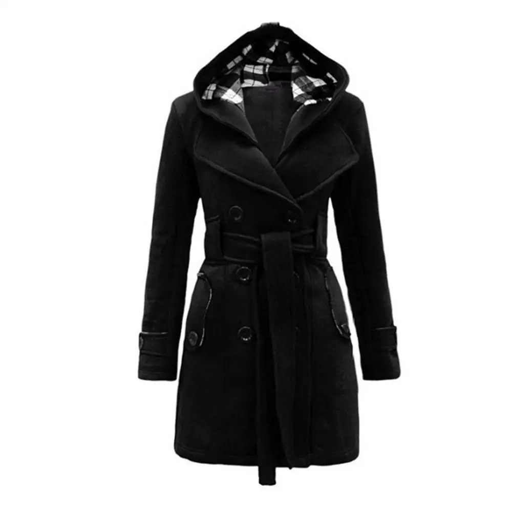 Модные осенне-зимние женские длинные шерстяные пальто, однотонная черная серая верхняя одежда, Женское пальто с капюшоном, повседневные куртки, теплые флисовые женские куртки - Цвет: Черный